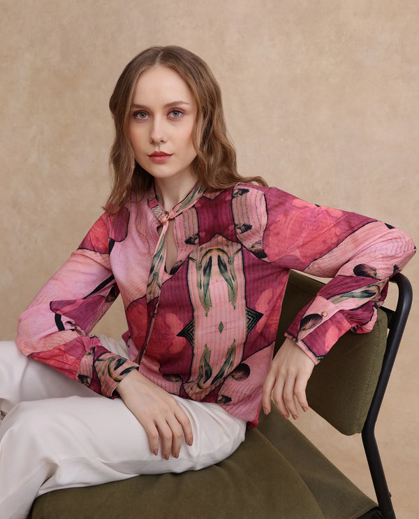 Rareism Women Timro Light Pink Bishop Sleeve High Neck Relaxed Fit Abstract Print Top