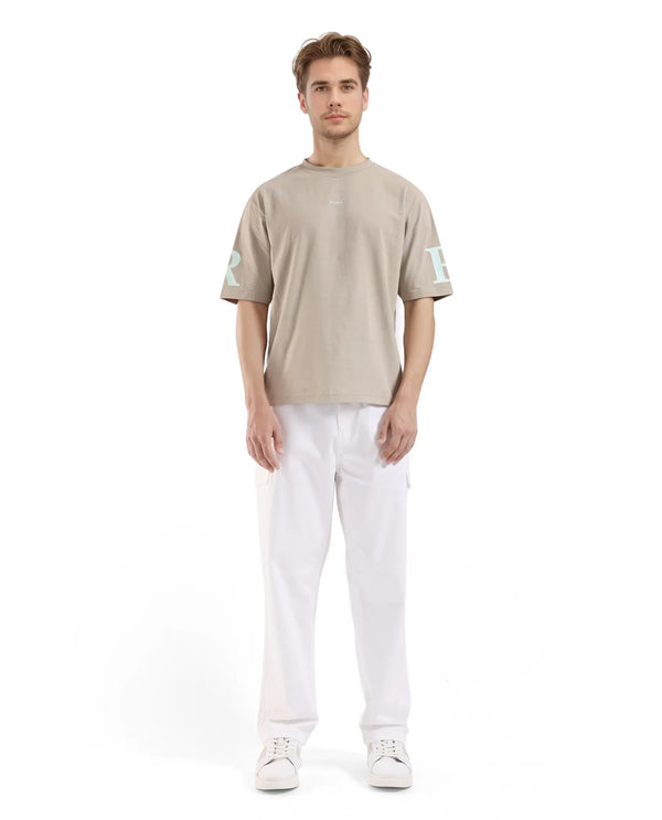 Rare Rabbit Men Tin Beige Short Sleeves Crew Neck Oversized Fit Digital Print T-Shirt
