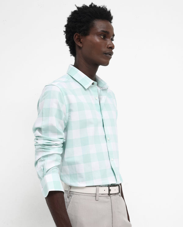 Rare Rabbit Men's Tinker Dark Turq Cotton Fabric Full Sleeve Regular Fit Gingham Checks Shirt