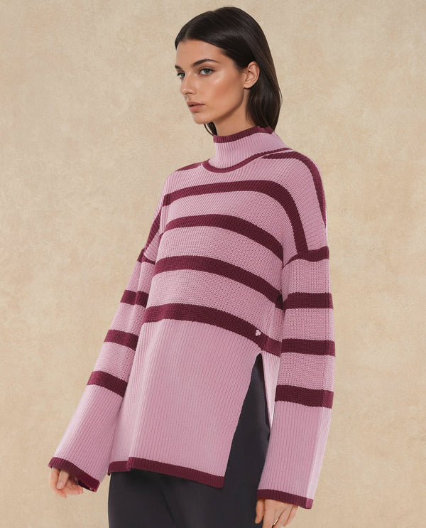 Rareism Women Titania Pink Acrylic Fabric Oversized Fit Stripes Sweater