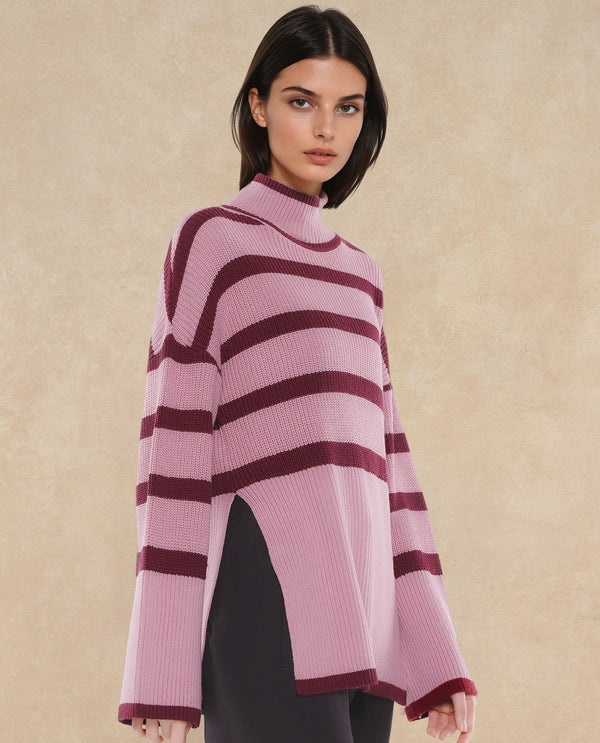 Rareism Women Titania Pink Acrylic Fabric Oversized Fit Stripes Sweater