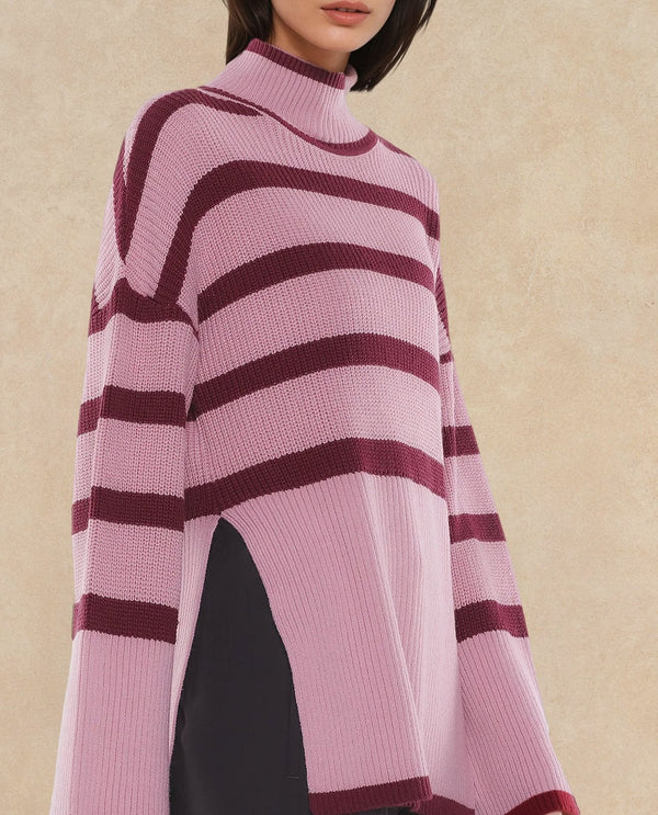 Rareism Women Titania Pink Acrylic Fabric Oversized Fit Stripes Sweater