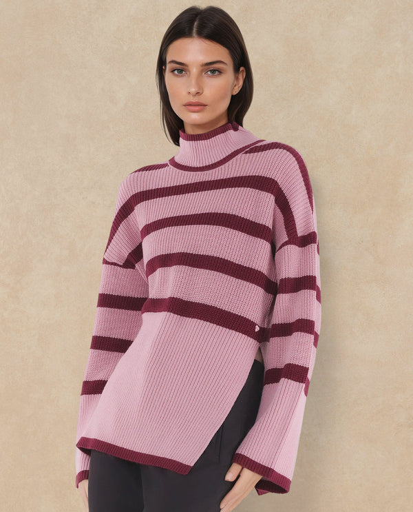 Rareism Women Titania Pink Acrylic Fabric Oversized Fit Stripes Sweater