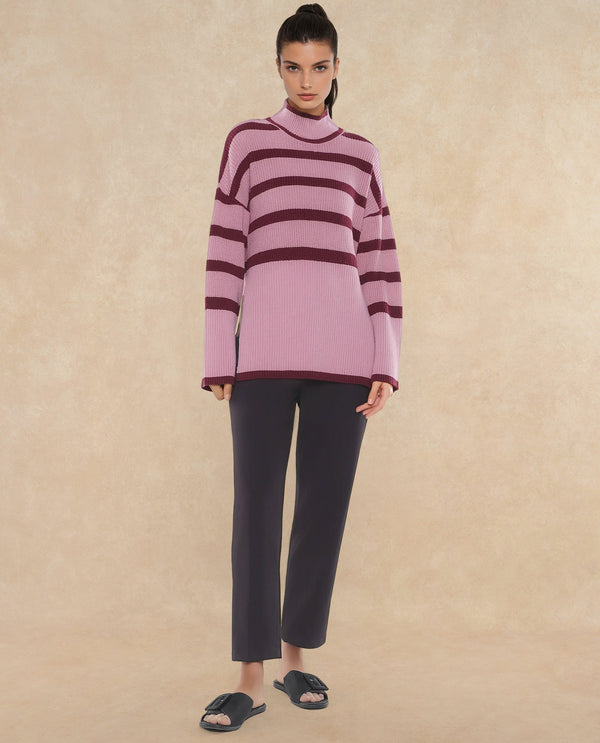 Rareism Women Titania Pink Acrylic Fabric Oversized Fit Stripes Sweater
