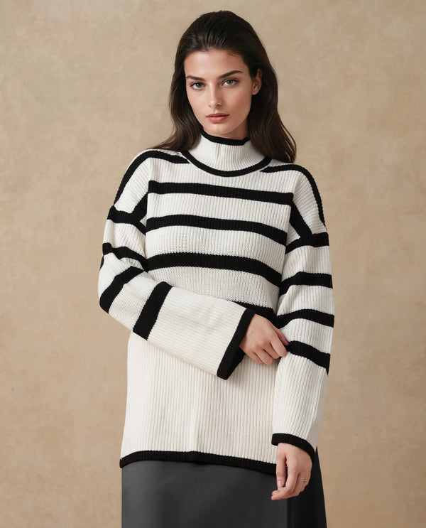 Rareism Women Titania Black Acrylic Fabric Oversized Fit Stripes Sweater