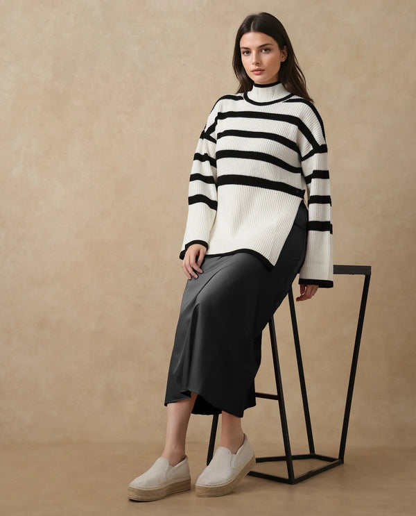 Rareism Women Titania Black Acrylic Fabric Oversized Fit Stripes Sweater