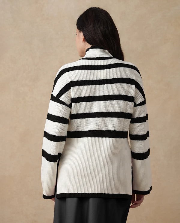 Rareism Women Titania Black Acrylic Fabric Oversized Fit Stripes Sweater
