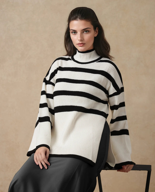 Rareism Women Titania Black Acrylic Fabric Oversized Fit Stripes Sweater