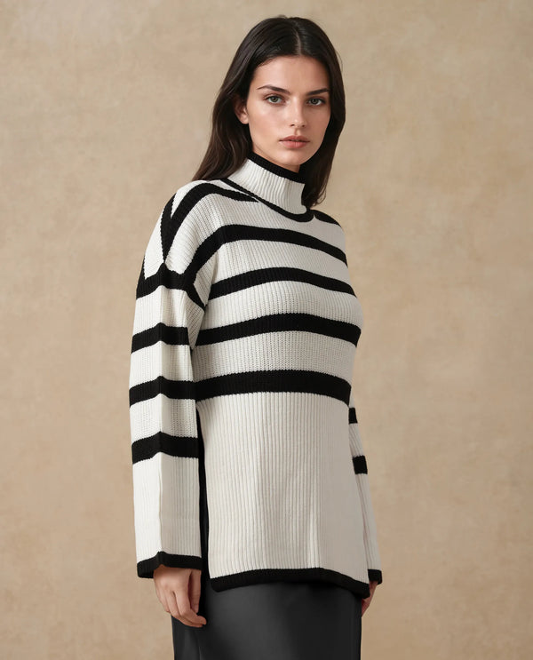 Rareism Women Titania Black Acrylic Fabric Oversized Fit Stripes Sweater