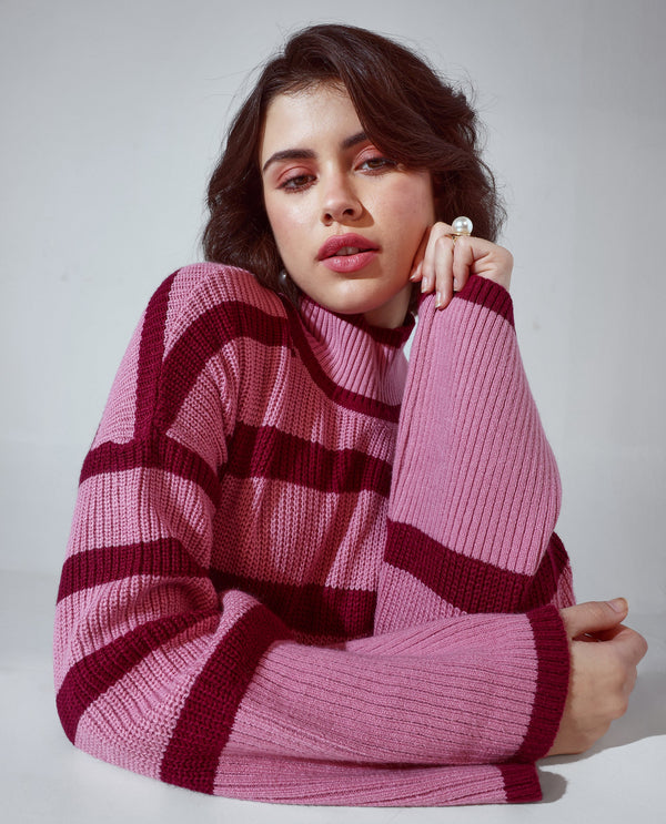 Rareism Women Titania Pink Acrylic Fabric Oversized Fit Stripes Sweater