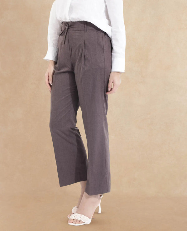 Rareism Women Tiza Brown Tie-Up Closure Straight Fit Ankle Length Plain Trouser