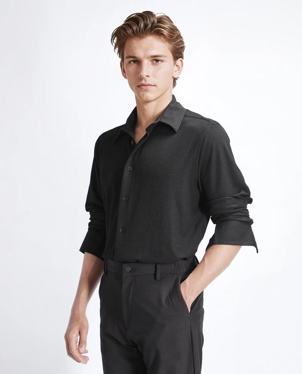 Rare Rabbit Men's Tobbit Black Cotton Fabric Full Sleeve Collared Neck Button Closure Textured Shirt