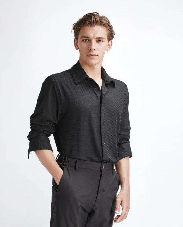 Rare Rabbit Men's Tobbit Black Cotton Fabric Full Sleeve Collared Neck Button Closure Textured Shirt
