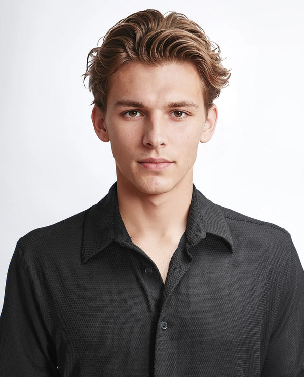 Rare Rabbit Men's Tobbit Black Cotton Fabric Full Sleeve Collared Neck Button Closure Textured Shirt