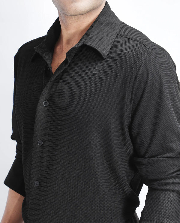 Rare Rabbit Men's Tobbit Black Cotton Fabric Full Sleeve Collared Neck Button Closure Textured Shirt