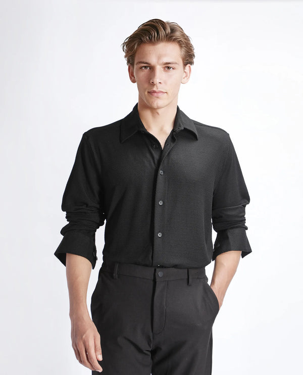 Rare Rabbit Men's Tobbit Black Cotton Fabric Full Sleeve Collared Neck Button Closure Textured Shirt