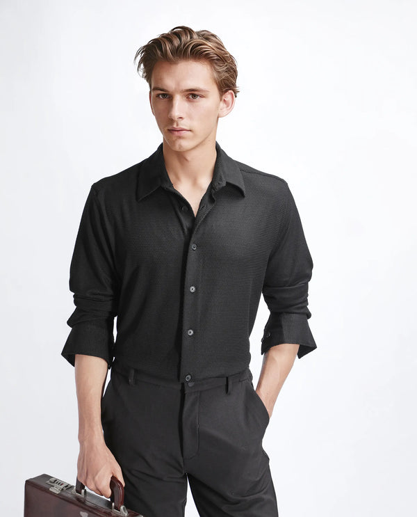 Rare Rabbit Men's Tobbit Black Cotton Fabric Full Sleeve Collared Neck Button Closure Textured Shirt