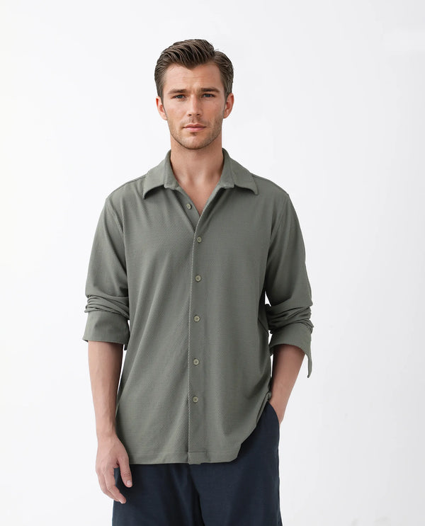 Rare Rabbit Men's Tobbit Olive Cotton Fabric Full Sleeve Collared Neck Button Closure Textured Shirt