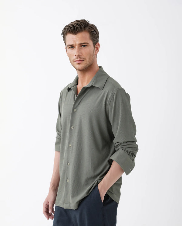 Rare Rabbit Men's Tobbit Olive Cotton Fabric Full Sleeve Collared Neck Button Closure Textured Shirt