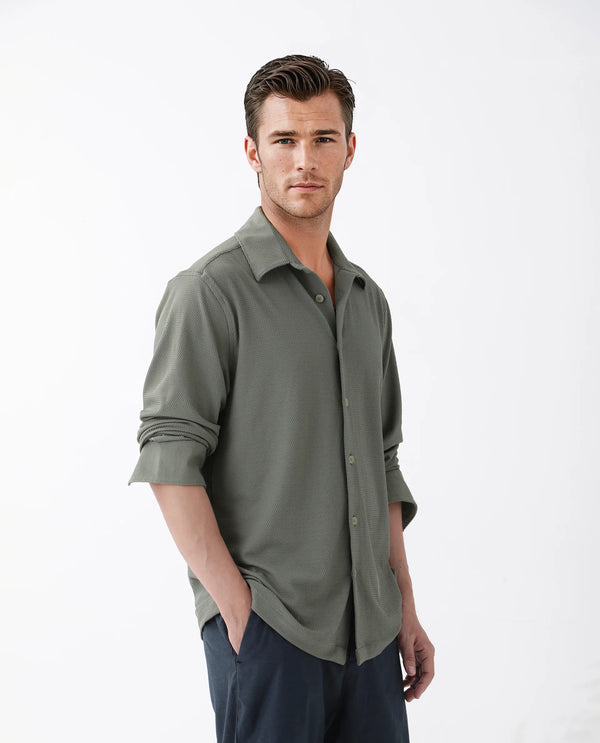 Rare Rabbit Men's Tobbit Olive Cotton Fabric Full Sleeve Collared Neck Button Closure Textured Shirt