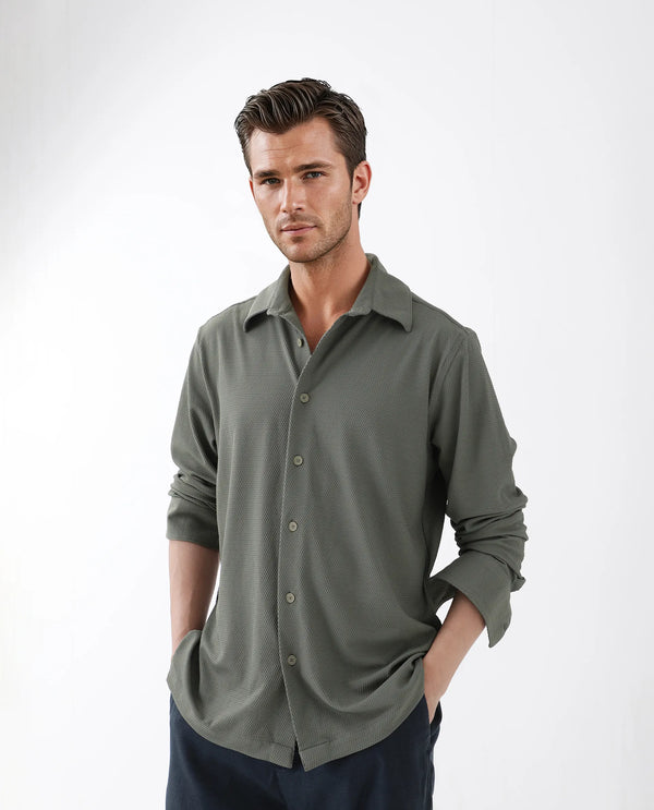 Rare Rabbit Men's Tobbit Olive Cotton Fabric Full Sleeve Collared Neck Button Closure Textured Shirt