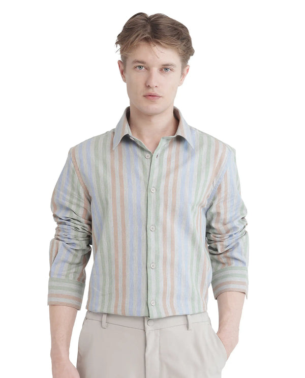 Rare Rabbit Men's Tock Grey Cotton Fabric Full Sleeve Regular Collared Button Closure Multicolor Stripe Shirt