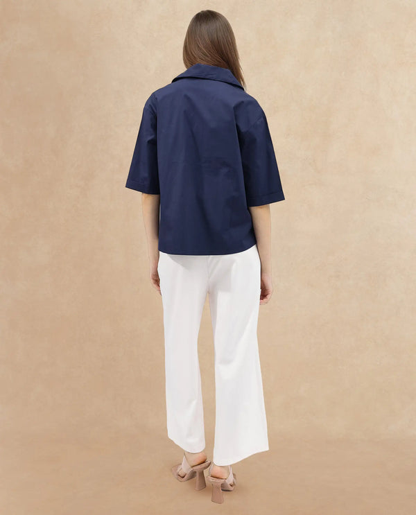 Rareism Women Toefil Dark Navy Cotton Fabric Collared Neck Solid Regular Fit Shirt