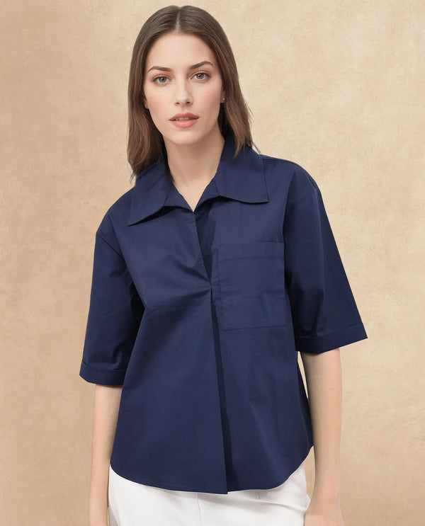 Rareism Women Toefil Dark Navy Cotton Fabric Collared Neck Solid Regular Fit Shirt