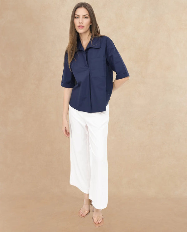 Rareism Women Toefil Dark Navy Cotton Fabric Collared Neck Solid Regular Fit Shirt