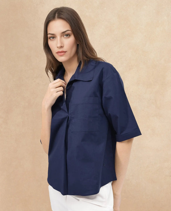 Rareism Women Toefil Dark Navy Cotton Fabric Collared Neck Solid Regular Fit Shirt
