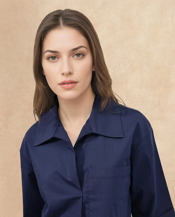 Rareism Women Toefil Dark Navy Cotton Fabric Collared Neck Solid Regular Fit Shirt