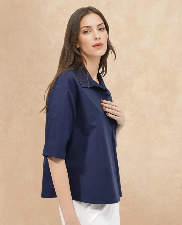 Rareism Women Toefil Dark Navy Cotton Fabric Collared Neck Solid Regular Fit Shirt