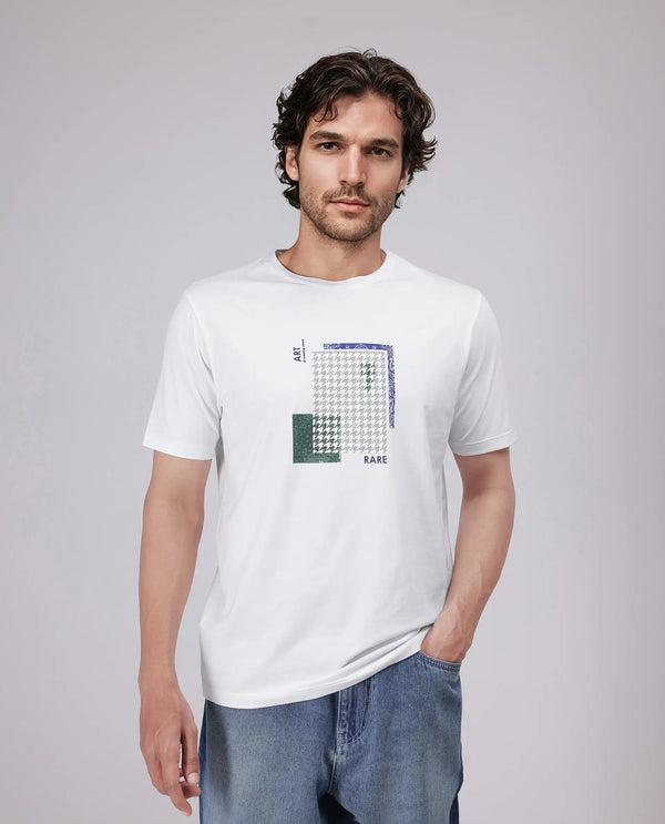 Rare Rabbit Men's Toid White Cotton Blend Fabric Half Sleeve Crew Neck Regular Fit Graphic Print T-Shirt