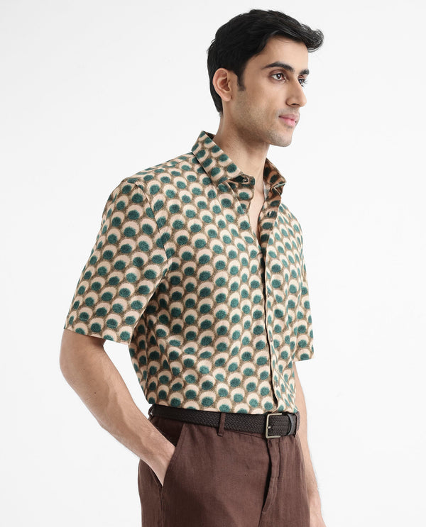 Rare Rabbit Men's Tokai Olive Viscose Fabric Short Sleeves Regular Fit Geometric Print Shirt