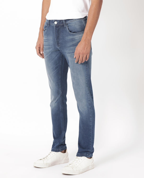 Rare Rabbit Men's Toke Blue Mid Wash Mid-Rise Slim Fit Jeans