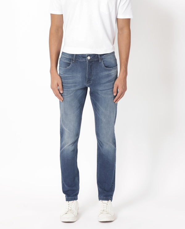 Rare Rabbit Men's Toke Blue Mid Wash Mid-Rise Slim Fit Jeans
