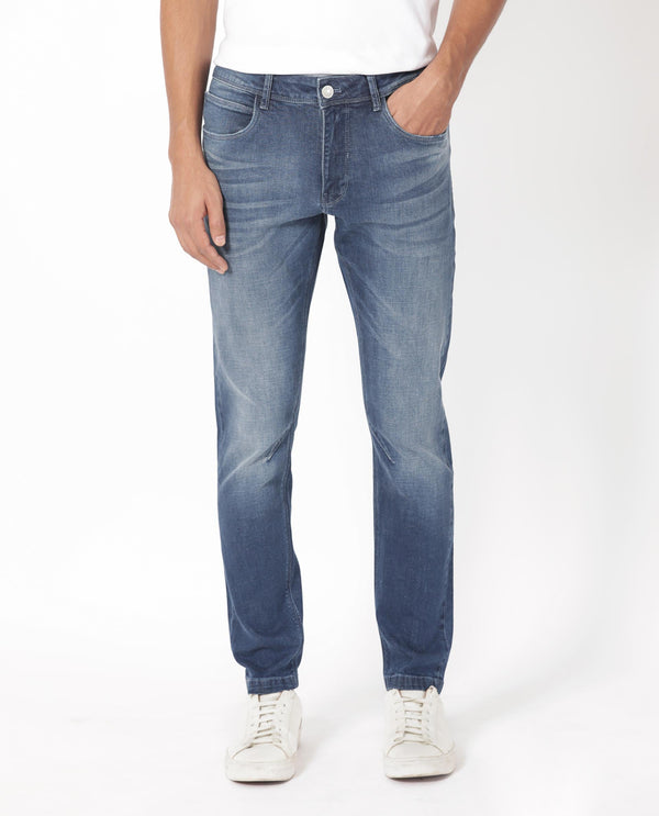 Rare Rabbit Men's Toke Blue Mid Wash Mid-Rise Slim Fit Jeans