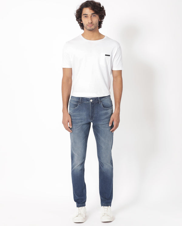 Rare Rabbit Men's Toke Blue Mid Wash Mid-Rise Slim Fit Jeans
