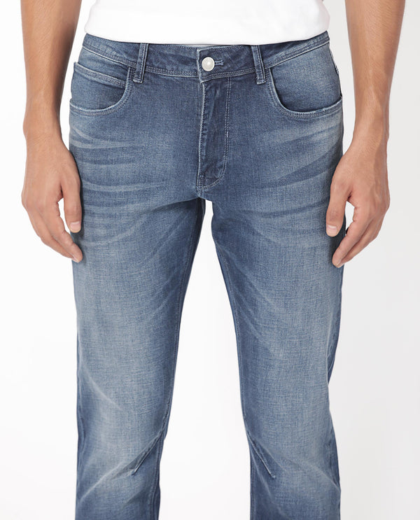 Rare Rabbit Men's Toke Blue Mid Wash Mid-Rise Slim Fit Jeans