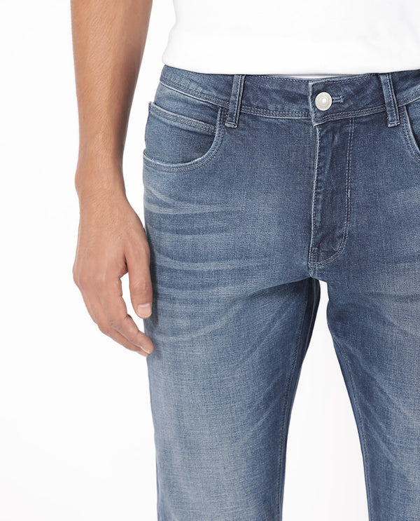 Rare Rabbit Men's Toke Blue Mid Wash Mid-Rise Slim Fit Jeans