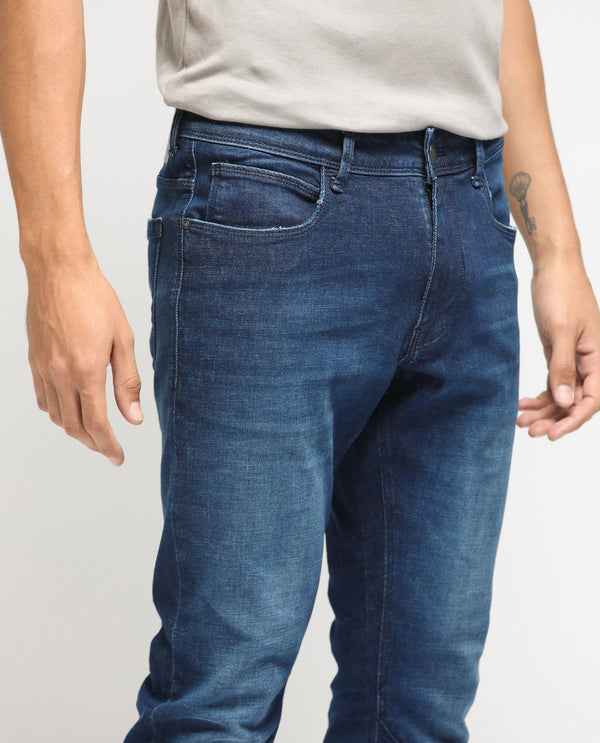 Rare Rabbit Men's Toke Dark Blue Mid Wash Mid-Rise Slim Fit Jeans