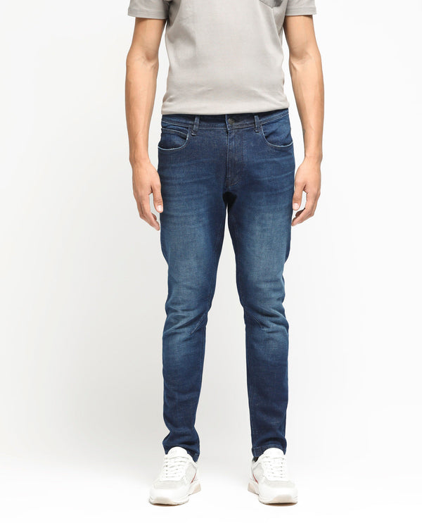 Rare Rabbit Men's Toke Dark Blue Mid Wash Mid-Rise Slim Fit Jeans