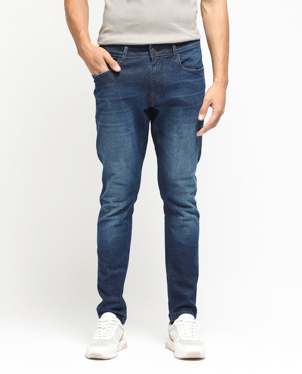 Rare Rabbit Men's Toke Dark Blue Mid Wash Mid-Rise Slim Fit Jeans