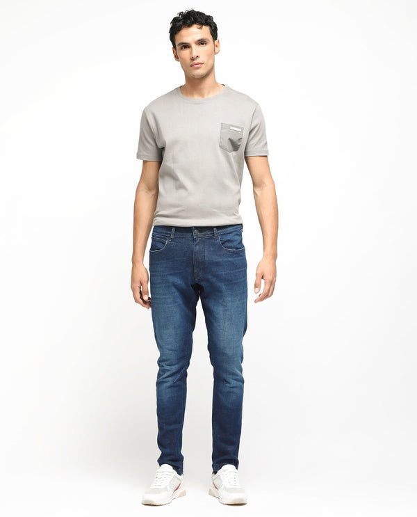 Rare Rabbit Men's Toke Dark Blue Mid Wash Mid-Rise Slim Fit Jeans