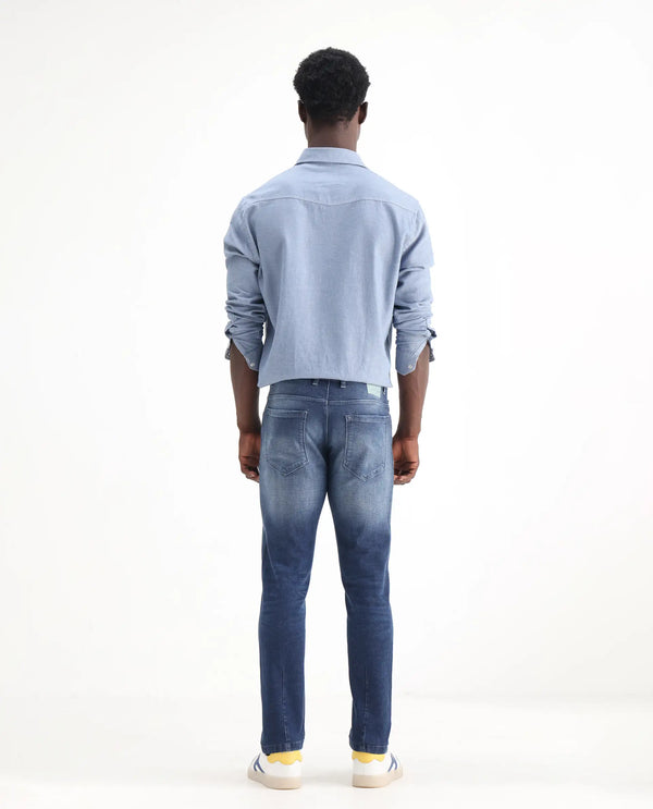 Rare Rabbit Men's Toke Blue Mid Wash Mid-Rise Slim Fit Jeans