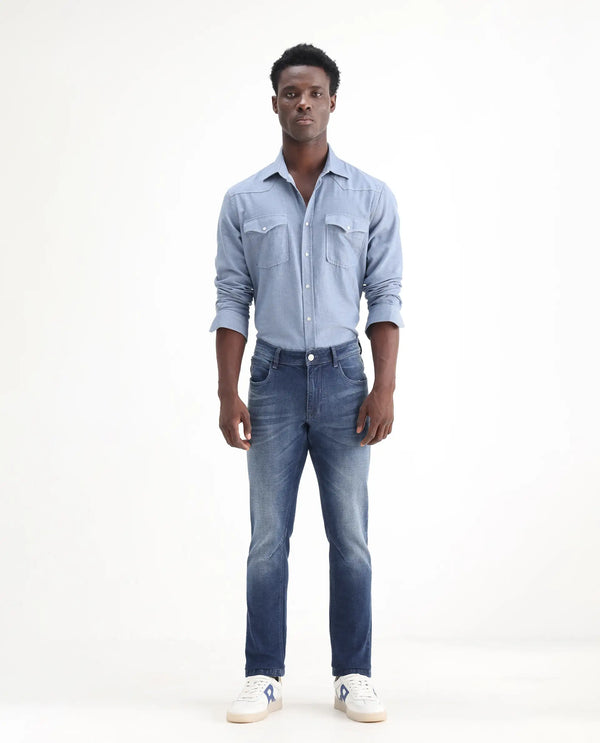 Rare Rabbit Men's Toke Blue Mid Wash Mid-Rise Slim Fit Jeans
