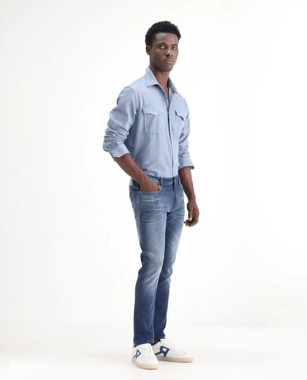 Rare Rabbit Men's Toke Blue Mid Wash Mid-Rise Slim Fit Jeans