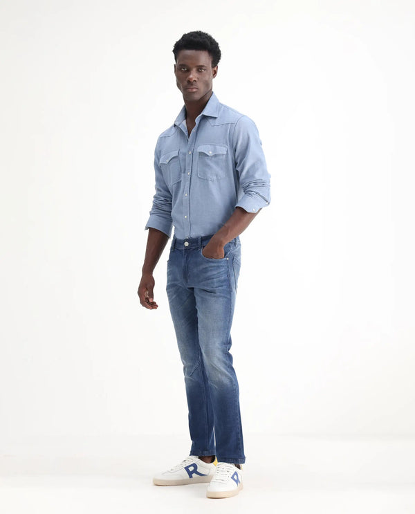 Rare Rabbit Men's Toke Blue Mid Wash Mid-Rise Slim Fit Jeans