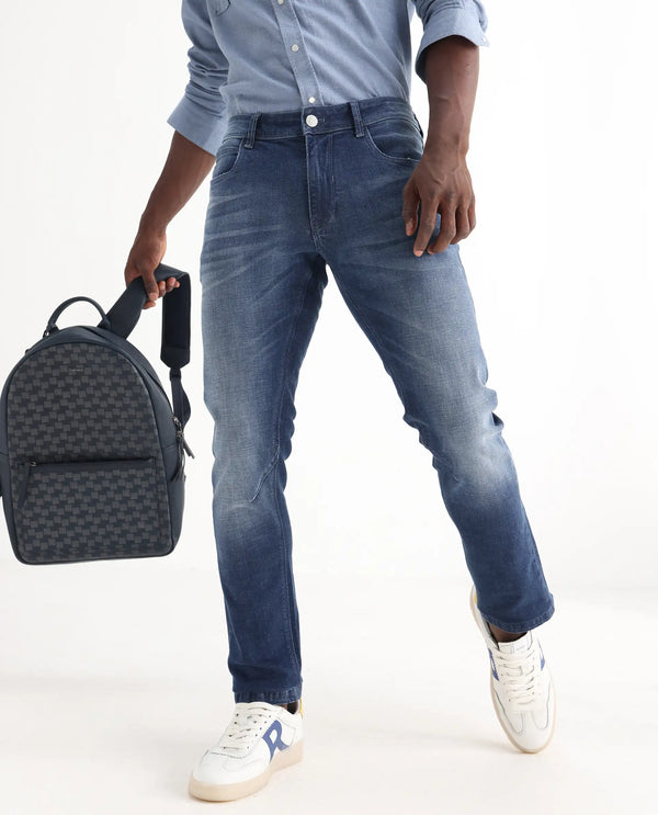 Rare Rabbit Men's Toke Blue Mid Wash Mid-Rise Slim Fit Jeans