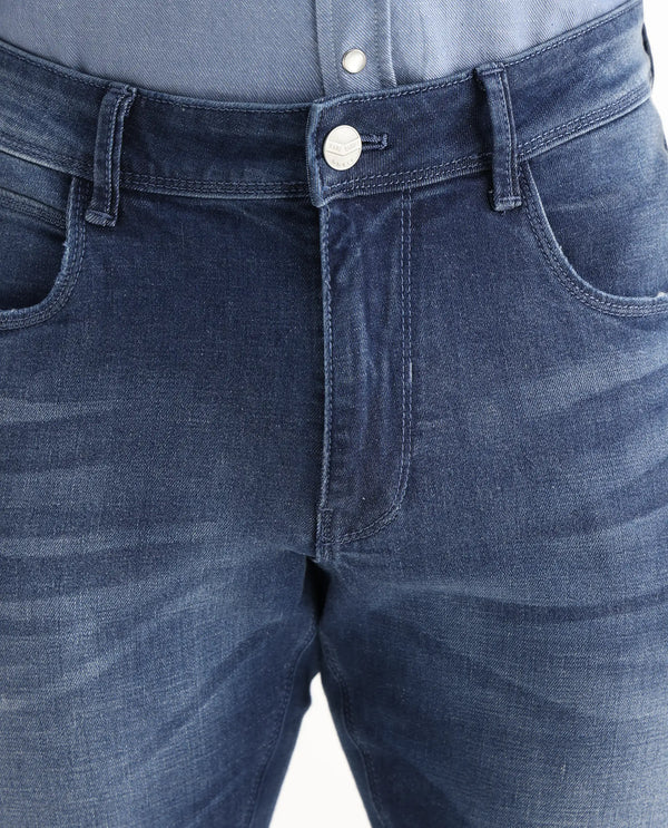 Rare Rabbit Men's Toke Blue Mid Wash Mid-Rise Slim Fit Jeans